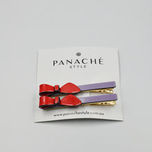 Load image into Gallery viewer, Cassandra Two Tone Lilac and Red Bow Clips