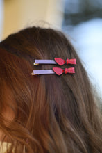 Load image into Gallery viewer, Cassandra Two Tone Lilac and Red Bow Clips