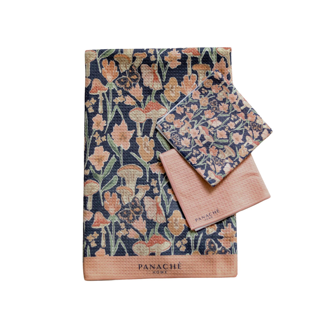 Mushroom Floral Tea Towel And Dish Cloth Set