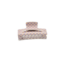 Load image into Gallery viewer, A checkered claw hair clip in lilac and beige colors.
