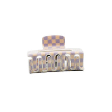 Load image into Gallery viewer, A lilac and beige checkered claw clip hair accessory 
