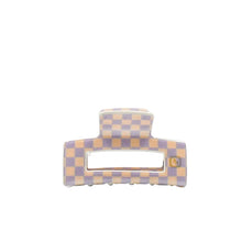 Load image into Gallery viewer, A lilac and beige checkered claw clip hair accessory on a white background.
