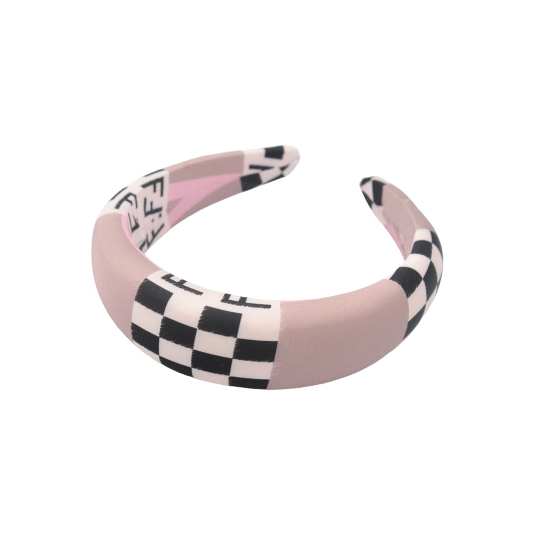 Silk padded headband pink & black checker