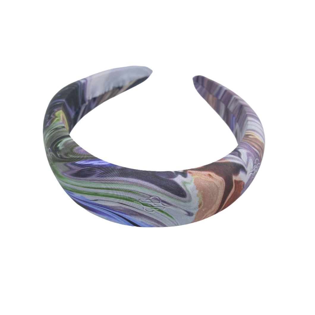 Silk padded headband blue and mauve lilac swirl