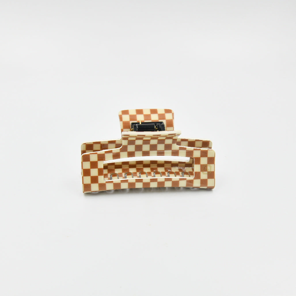 Large Claw Clip Tan + Cream Checker