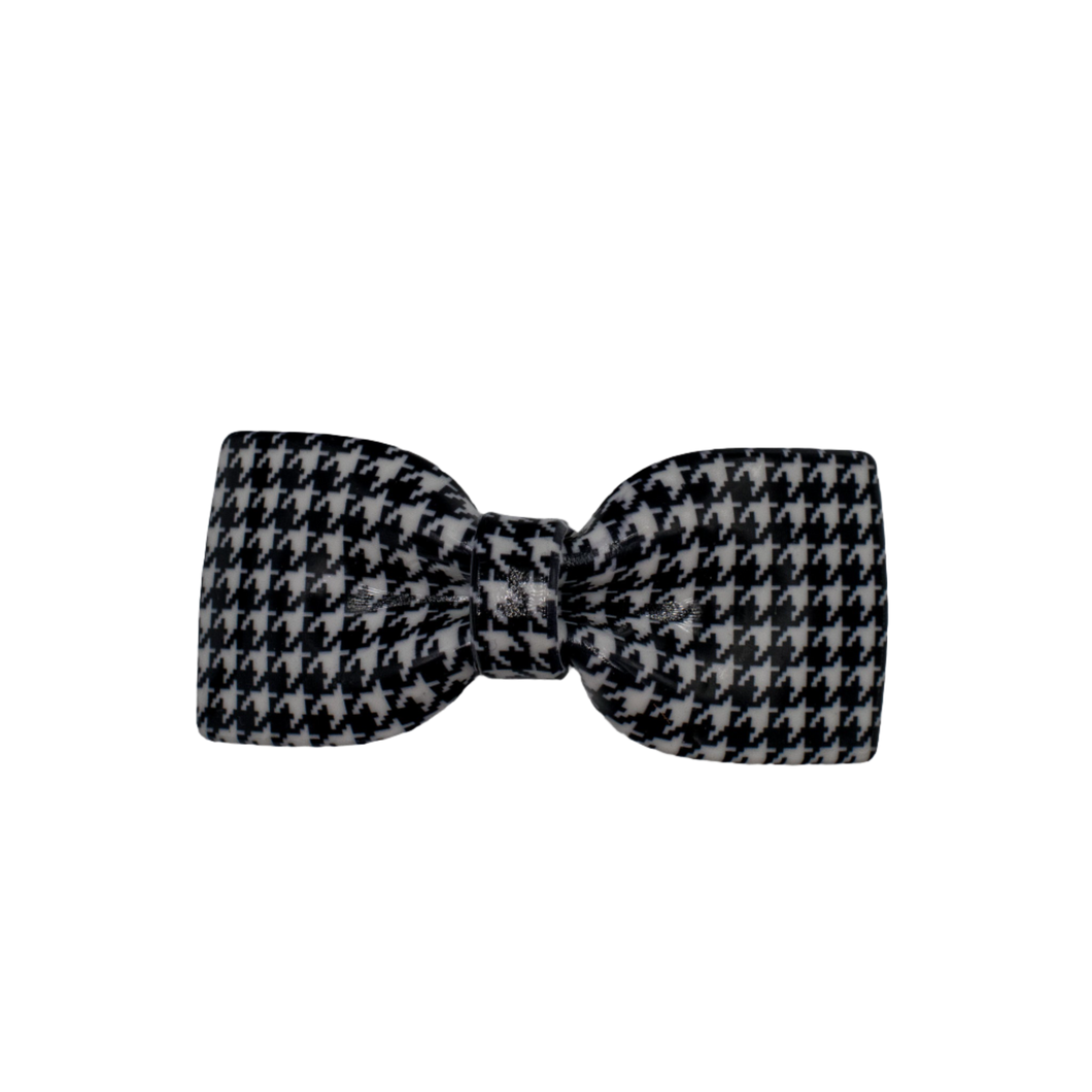 French Style Bow Barrette - Black and White Houndstooth