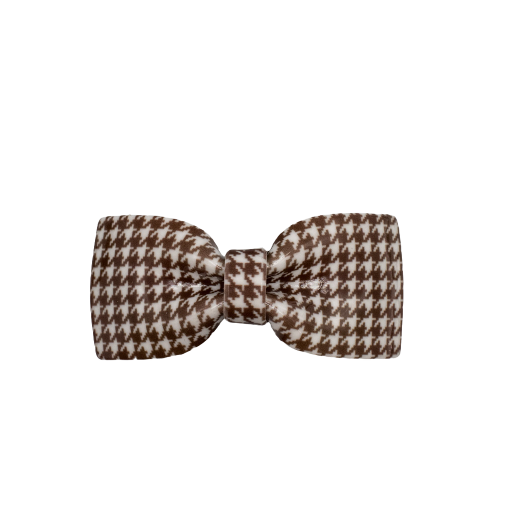 French Style Bow Barrette - Tan and White Houndstooth