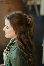 Load image into Gallery viewer, girl wearing tan and sage green checker clawclip in halfupdo hair style
